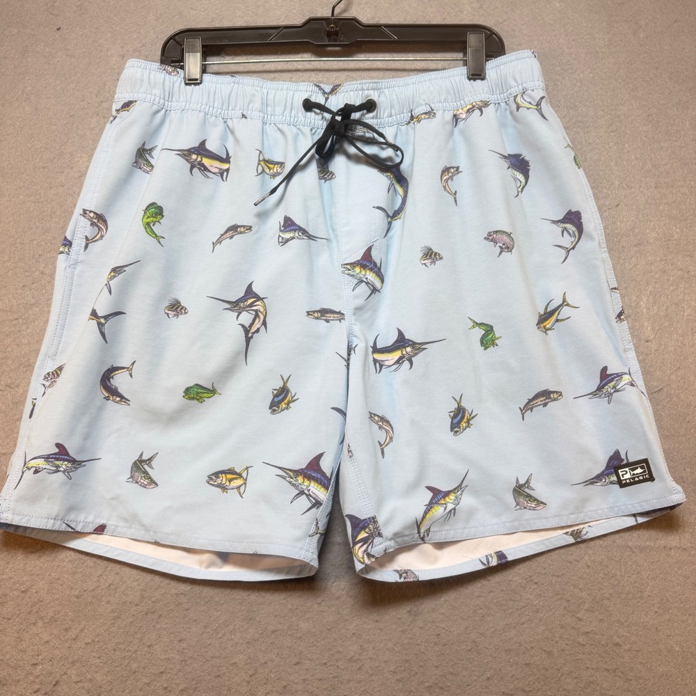 Pelagic Mens XL Light Blue Fish Print Fishing Shorts 34x7 Stretch Marlin‎ Tuna
